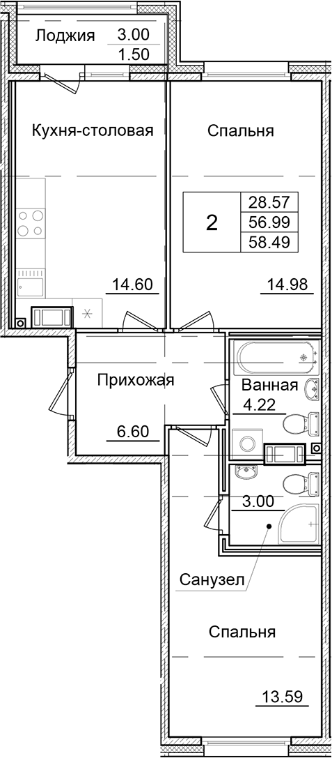 2-комнатная квартира 58.49 м², 5/9 эт., ЖК «Квартал Заречье»